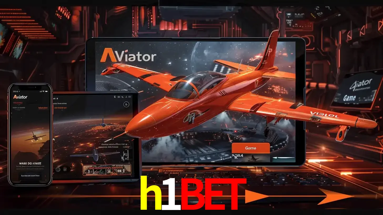 Apresentação tecnológica do jogo Aviator com um avião saindo da tela de um tablet, demonstrando a experiência imersiva em múltiplos dispositivos no h1bet.