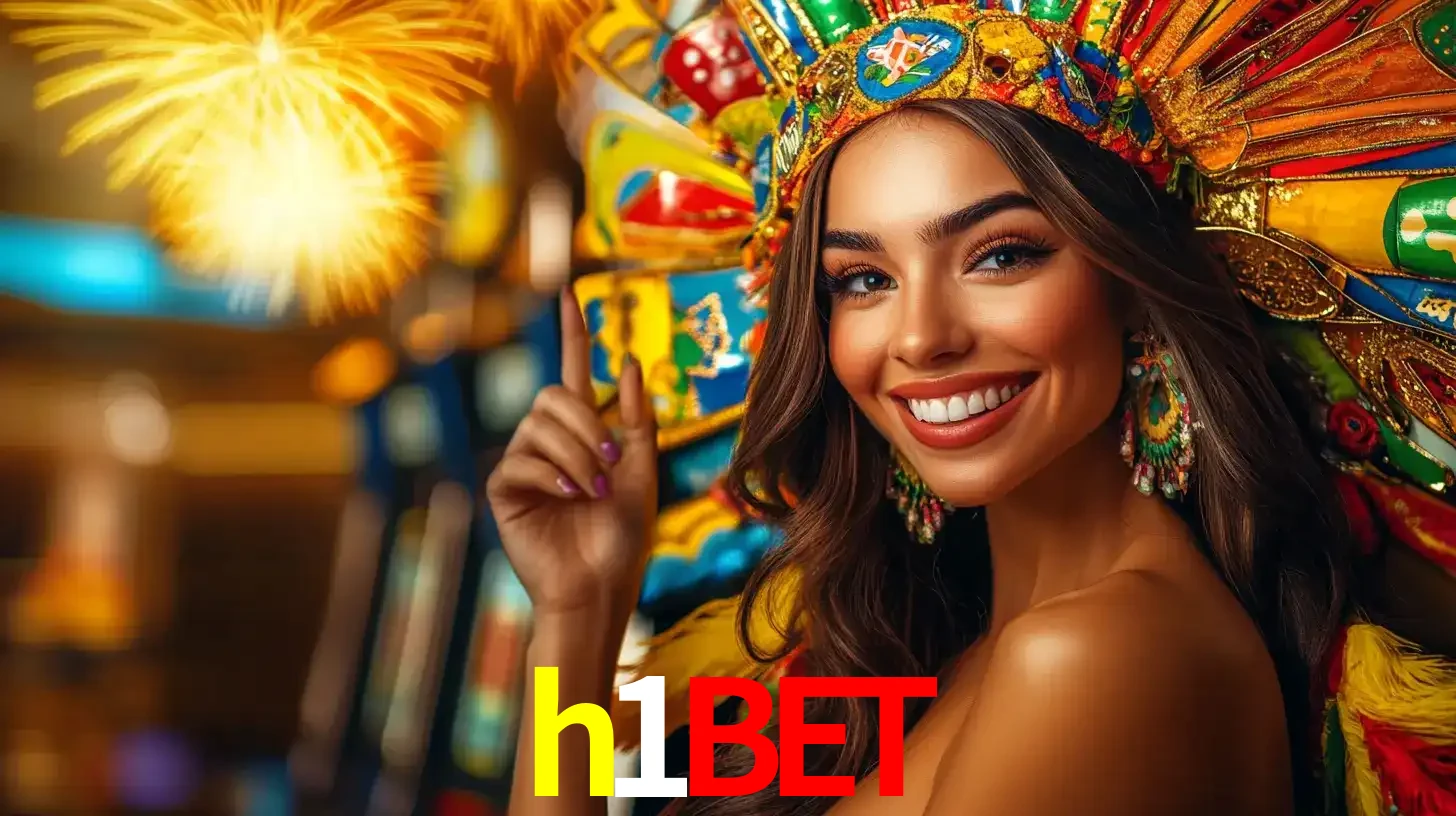 Mulher sorridente com um cocar de carnaval vibrante e colorido, celebrando uma grande vitória nos jogos do cassino h1bet com fogos de artifício ao fundo.