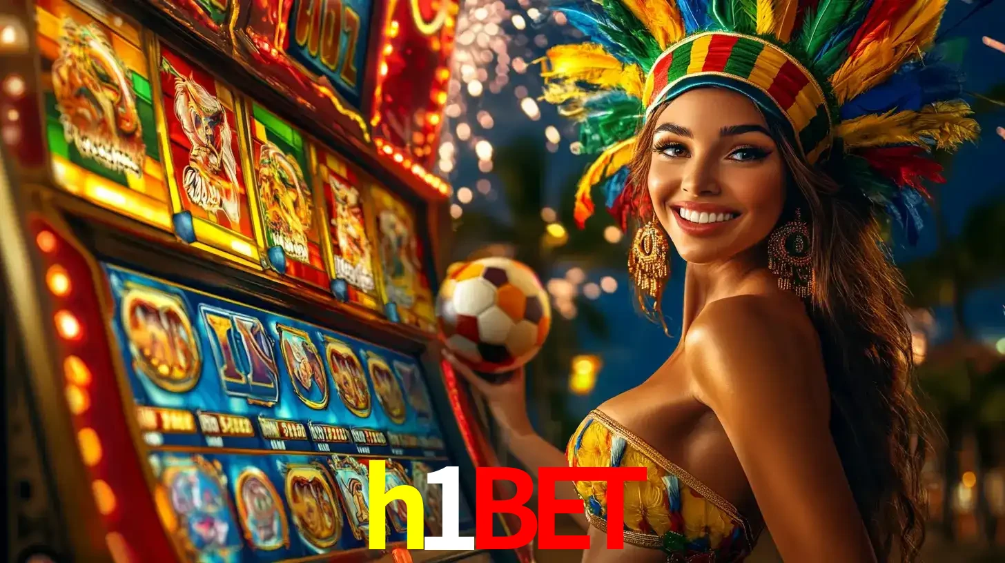 Mulher com um cocar de carnaval ao lado de uma máquina de caça-níqueis enquanto segura uma bola de futebol, mostrando a união da diversão de cassino e esportes no h1bet.