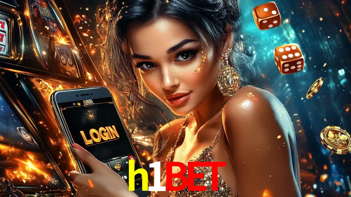 Mulher glamourosa segurando um celular com a tela de login do cassino h1bet, rodeada por dados e moedas douradas, pronta para começar a diversão.