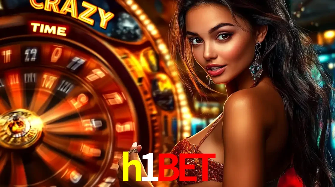 Mulher ao lado da roda de prêmios do jogo de cassino ao vivo Crazy Time, um dos shows de jogos mais emocionantes oferecidos pela plataforma de apostas h1bet.