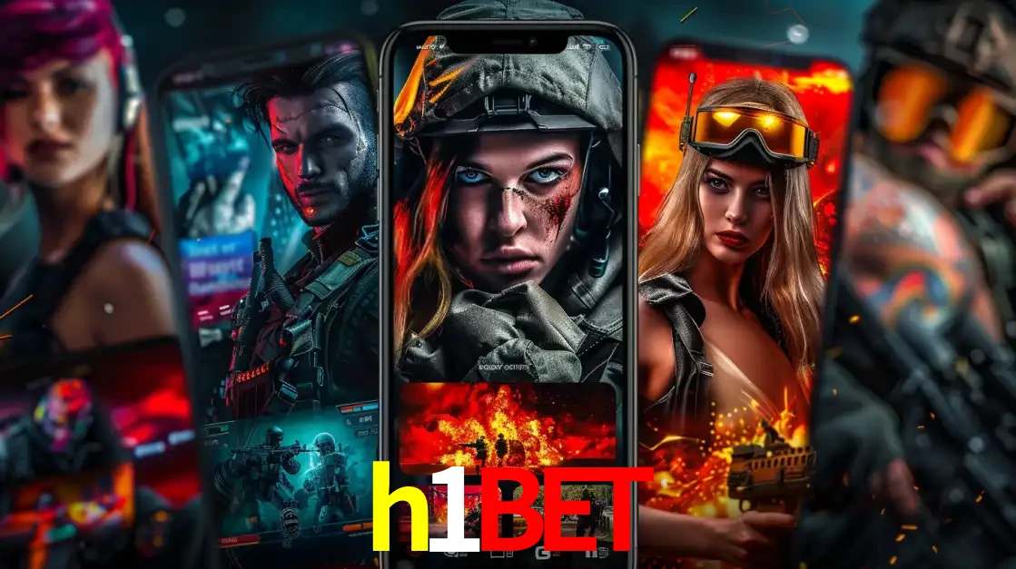 Montagem de telas de celular mostrando diversos personagens, masculinos e femininos, de um jogo de tiro, ilustrando a diversidade de equipes de e-sports para apostar no h1bet.