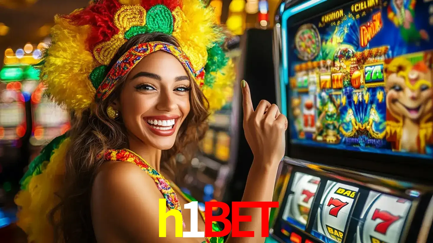 Mulher animada com um cocar de carnaval apontando para uma máquina de caça-níqueis, mostrando a emoção de ganhar um grande prêmio nos jogos do h1bet.