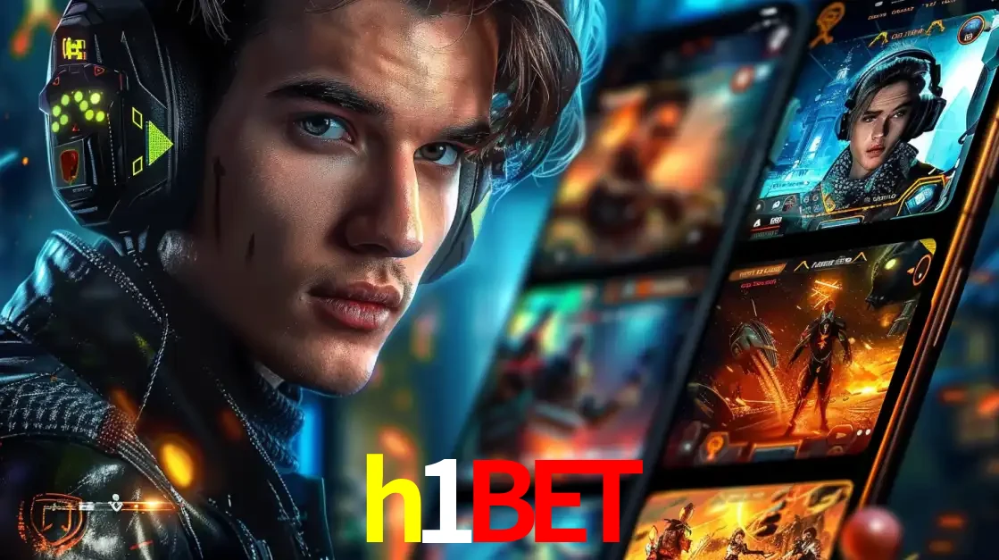 Jovem jogador com fones de ouvido olhando para a câmera, com um aplicativo de jogos e e-sports para celular ao fundo, pronto para a competição e apostas no h1bet.