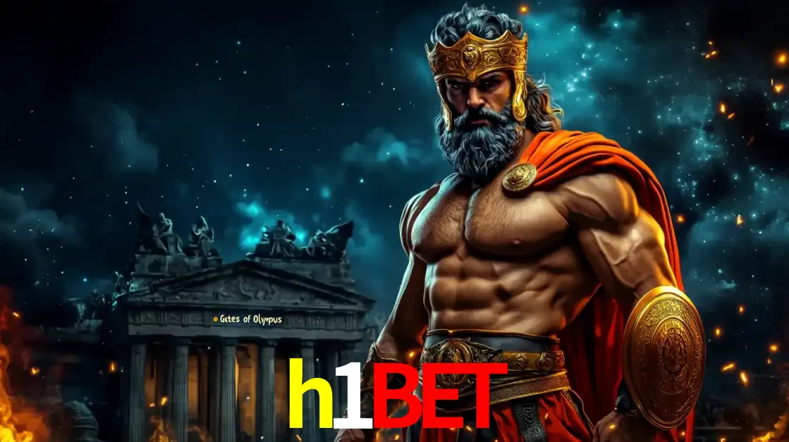 O poderoso Zeus do jogo de slot Gates of Olympus em frente ao seu templo, pronto para lançar multiplicadores divinos e prêmios épicos no cassino online h1bet.