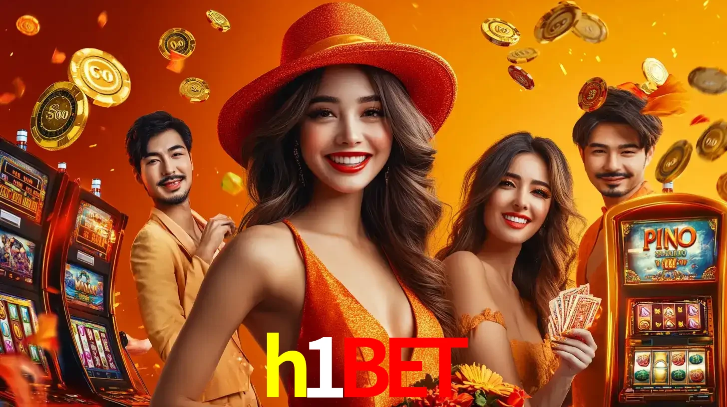 Grupo de amigos asiáticos sorrindo e se divertindo com máquinas de caça-níqueis em um ambiente festivo, celebrando suas vitórias nos jogos de cassino do h1bet.