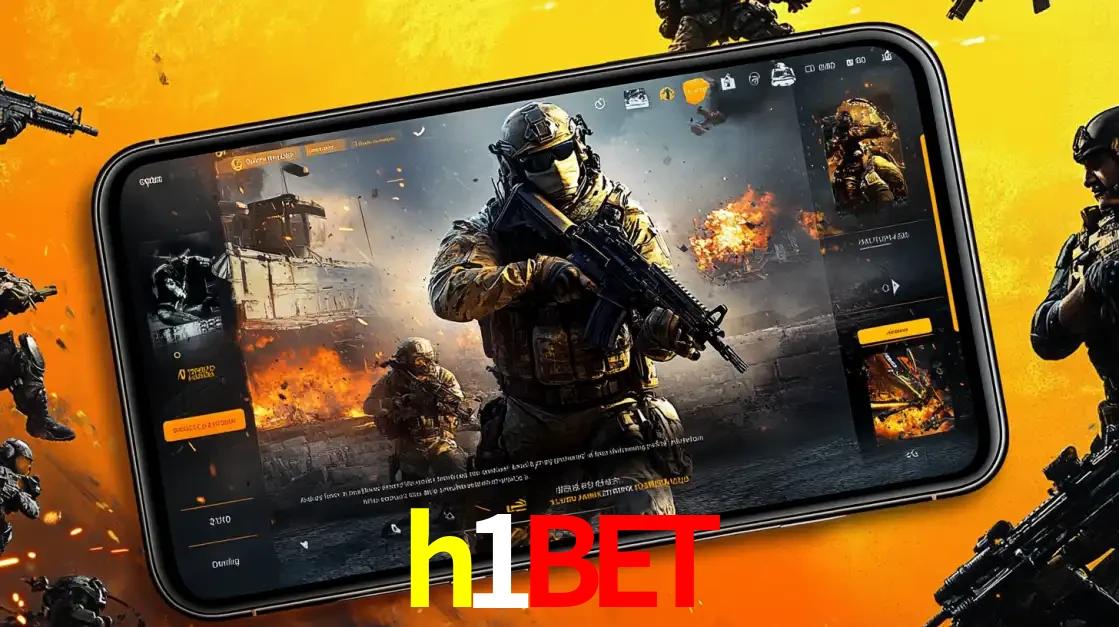 Um smartphone exibindo a interface de um jogo de tiro em primeira pessoa, com um soldado em um cenário de batalha, representando a ação dos e-sports para apostar no h1bet.