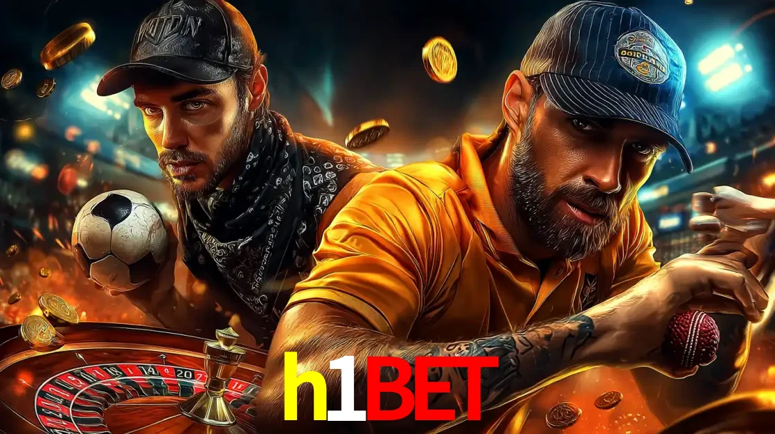 Montagem de apostas esportivas e cassino no h1bet, com um homem segurando uma bola de futebol e outro uma de beisebol sobre uma roleta e moedas voadoras.