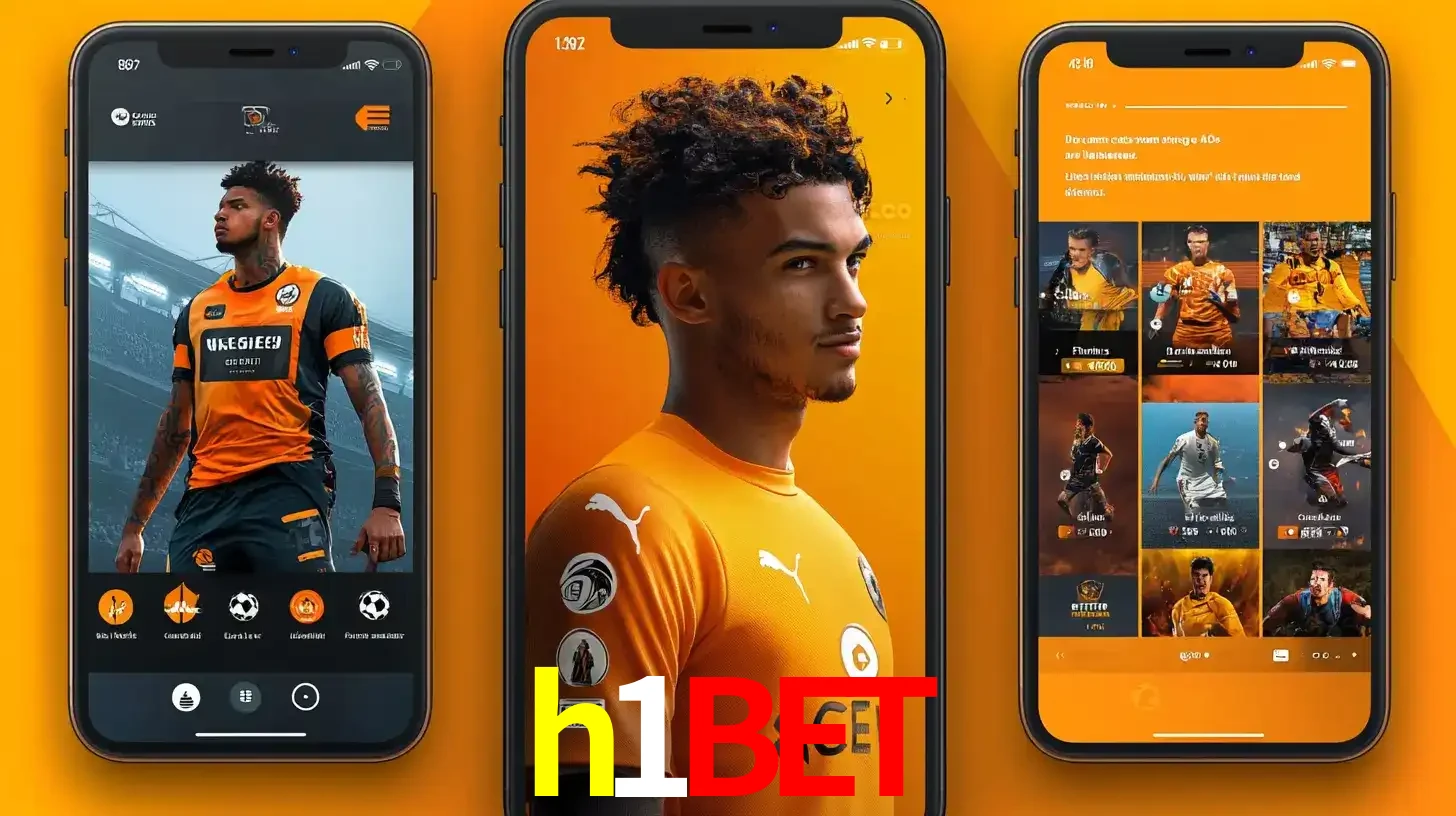 Interface do aplicativo de apostas esportivas h1bet em três telas de celular, mostrando o perfil de um jogador de futebol e a lista de jogos disponíveis para apostar.