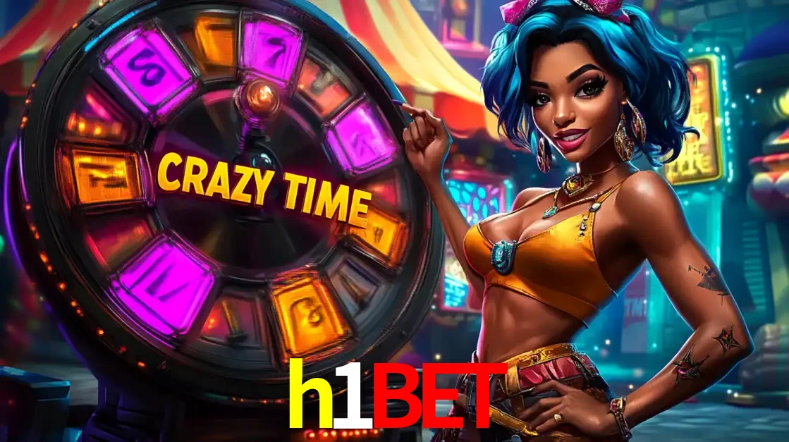 Mulher estilizada com cabelo azul e visual vibrante posando ao lado da roda de prêmios do game show Crazy Time, convidando para a diversão e os bônus do cassino h1bet.