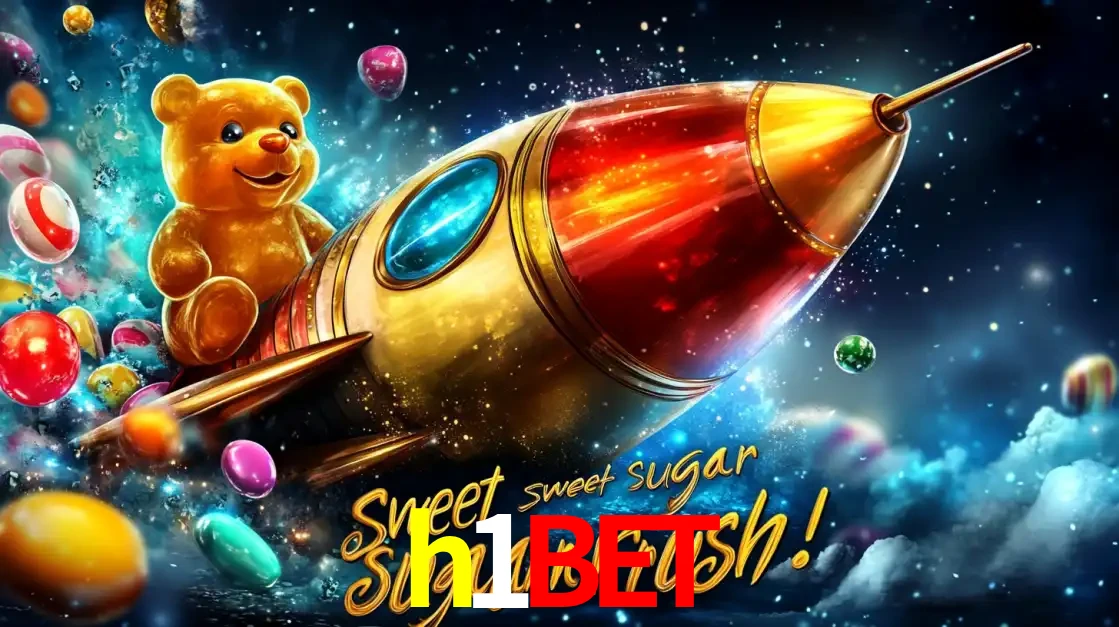 Arte promocional do jogo de slot Sugar Rush, com um urso de pelúcia em um foguete viajando pelo espaço de doces, um dos jogos divertidos disponíveis no cassino h1bet.