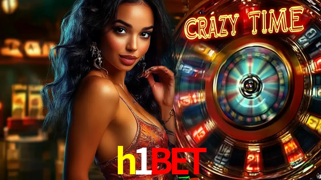 Mulher elegante ao lado da vibrante roda da fortuna do jogo de cassino ao vivo Crazy Time, um dos game shows mais populares e cheios de prêmios do h1bet.