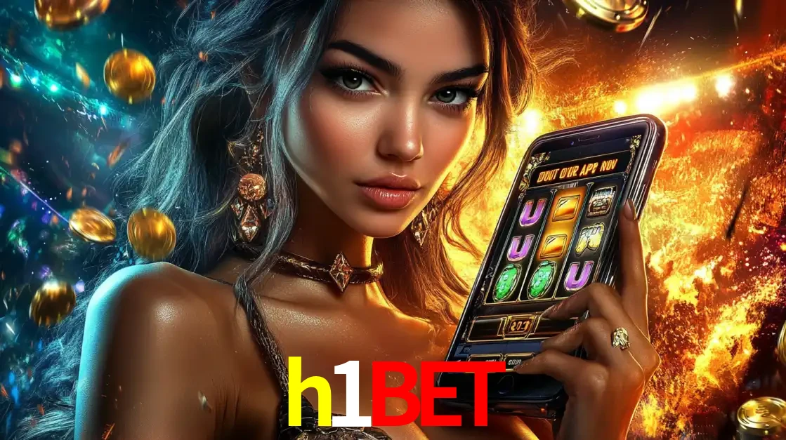 Mulher elegante mostrando um jogo de caça-níqueis em seu smartphone, destacando a experiência de cassino móvel oferecida pelo aplicativo h1bet.