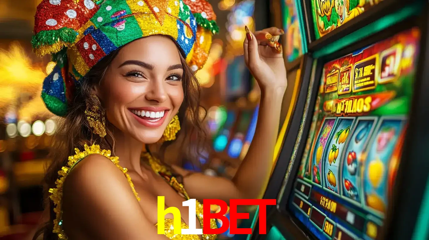 Mulher feliz com traje de carnaval amarelo e colorido ao lado de uma máquina de caça-níqueis, aproveitando a diversão e os jogos temáticos do cassino h1bet.