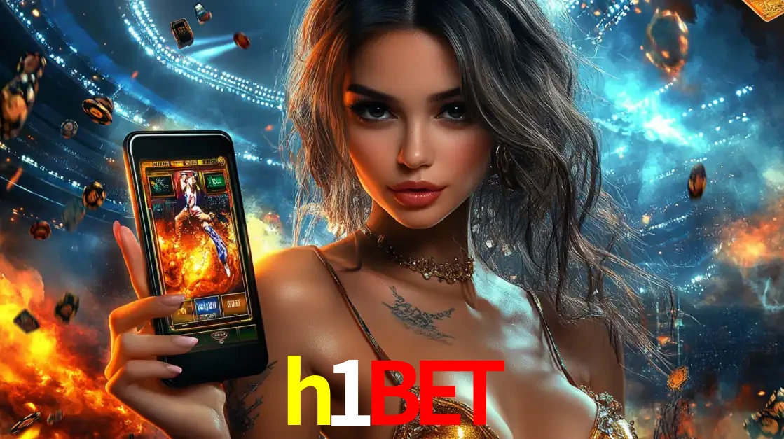 Mulher segurando um celular com um jogo de slot em destaque, tendo como fundo um estádio vibrante, simbolizando a emoção de jogar no cassino móvel h1bet.