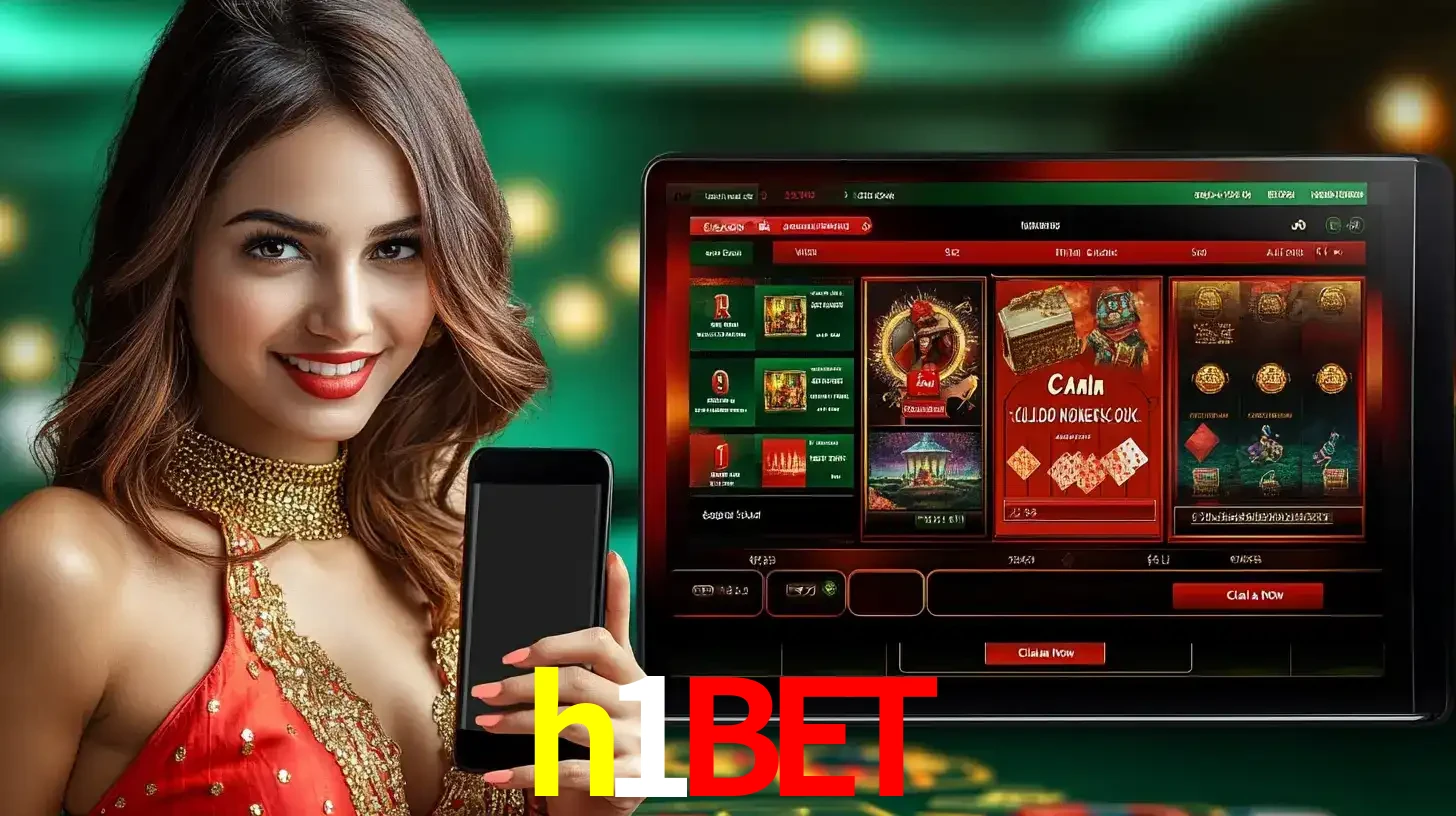 Mulher sorridente segurando um smartphone, ao lado de uma tela exibindo o lobby de jogos do cassino online h1bet, com várias opções de jogos de cartas e slots.